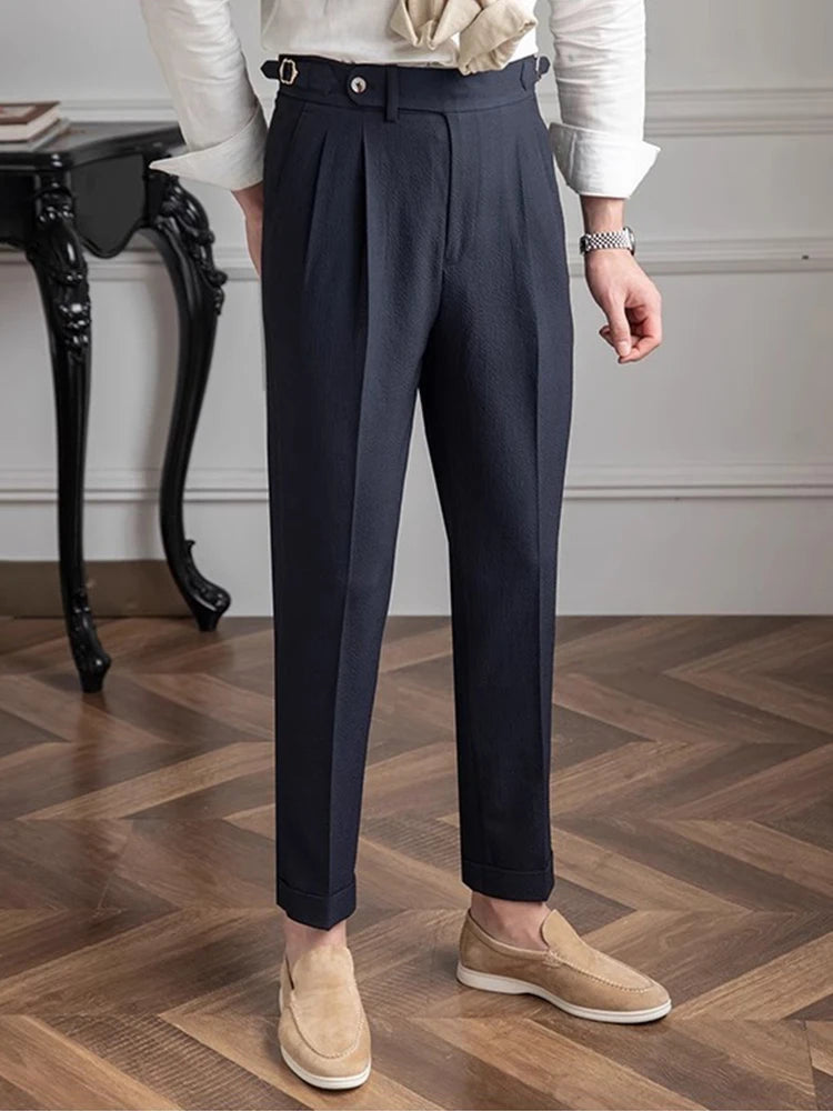 AIDASE  -  Casual Solid Color Pleated High Waist Trousers 2025 Spring Fall Trendy Men's Slim Fit Straight Pants Naples Style Trousers Mens aidase-shop