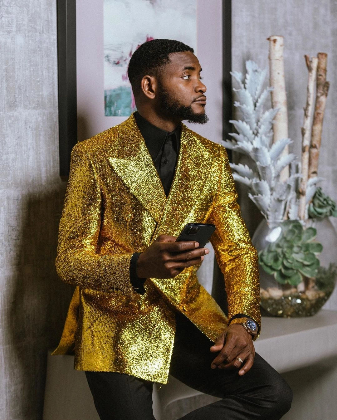 Aidase Gold Men's Suit 2 Pieces Blazer Black Pants One Button Peaked Lapel Business Slim Fit Formal Host Wedding Groom Costume Homme aidase-shop