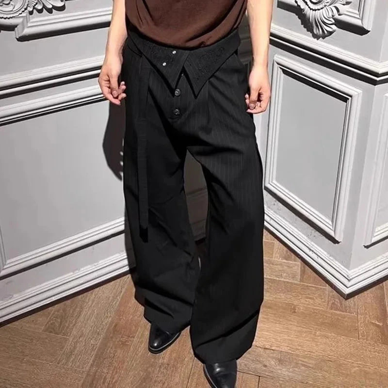 AIDASE  -  Trend Men Suit Pants Pleated Embroidered Straight-Leg Slightly Flared High-Waisted Striped Ribbon Trousers 21E7642 aidase-shop