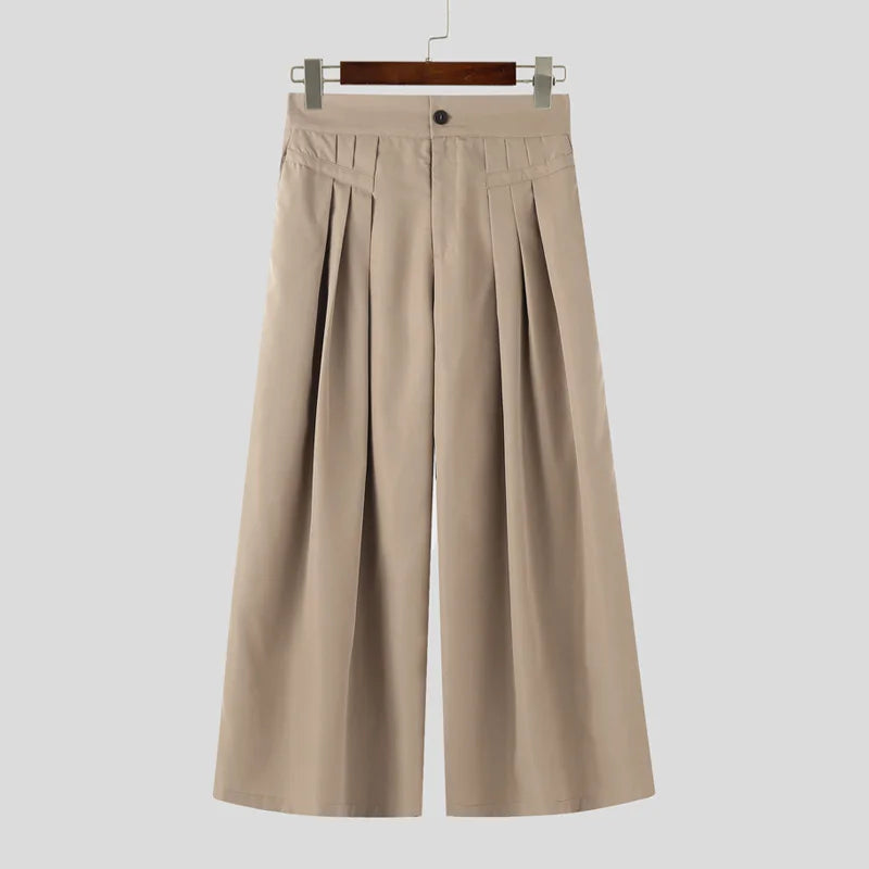 AIDASE  -  Men Wide Leg Pants Solid Color Button Joggers Loose Casual Trousers Men Streetwear Pleated Fashion Male Long Pants aidase-shop