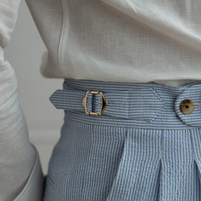 Aidase 2024 Spring Seersucker High Waist Straight Pants British Petty Bourgeoisie Blue Stripe Italian Casual Trousers Men aidase-shop