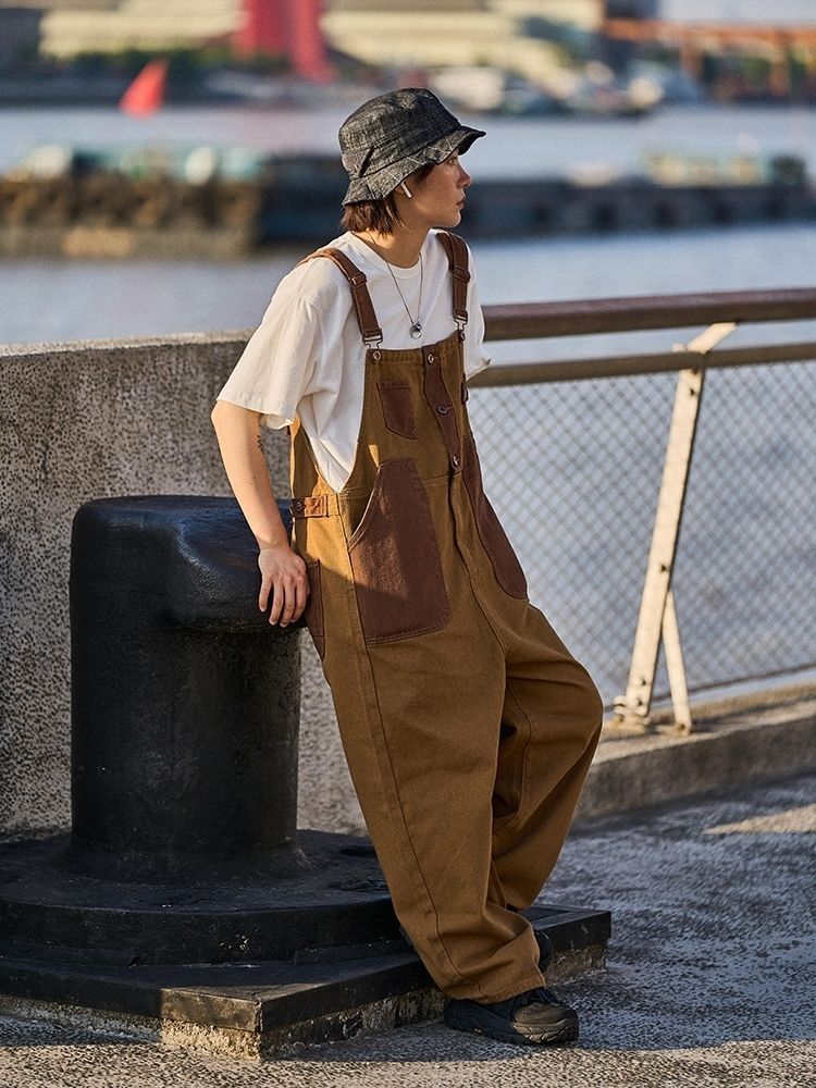 Aidase   Men's New Japanese Retro Overalls Brown Color Casual Pants Couple Pants Loose Straight Trousers Salopettes Romper Jumpsuit aidase-shop