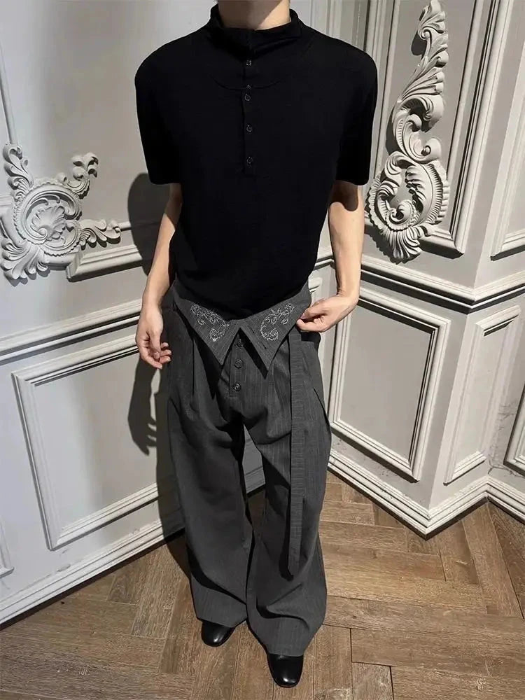 AIDASE  -  Trend Men Suit Pants Pleated Embroidered Straight-Leg Slightly Flared High-Waisted Striped Ribbon Trousers 21E7642 aidase-shop