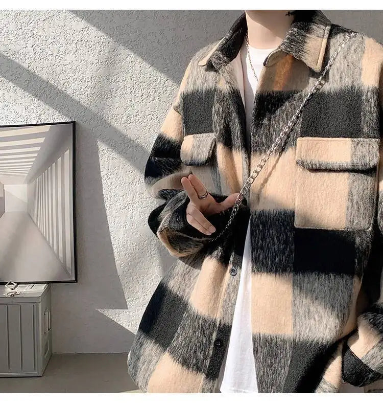 AIDASE  -  American Style Men's Woolen Jacket Loose High Street Large Pocket Decoration Long Sleeve Turn-down Collar Men Coats 21E7628 aidase-shop