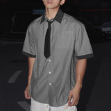 AIDASE  -  Men Shirt Striped Patchwork Lapel Short Sleeve Button Casual Men Clothing Loose Tie 2025 Fashion Male Shirts S-5XL Tops aidase-shop