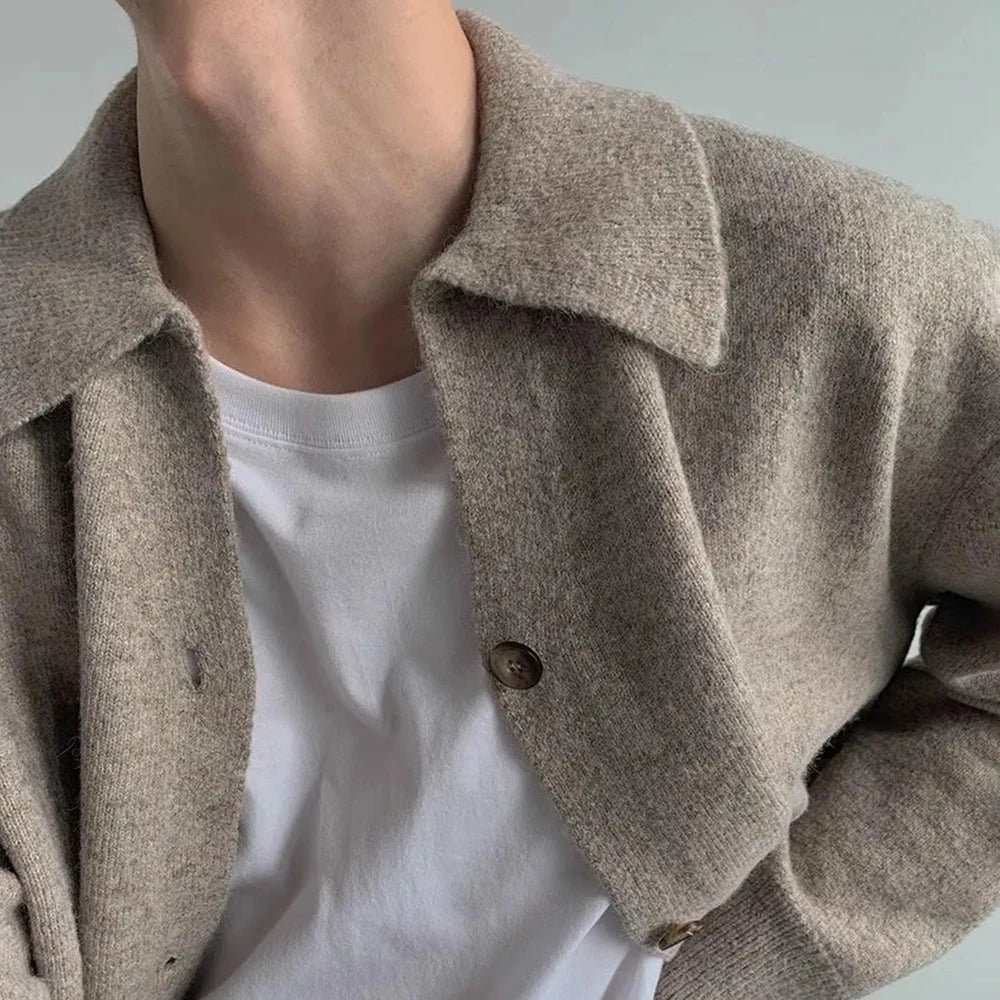 AIDASE  -  Mens Retro Solid Color Lapel Y2k Cardigan Sweater Autumn And Winter Street Fashion Trend Lazy Style Knitted Sweater Jacket Men aidase-shop