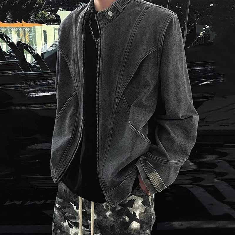 AIDASE  -  Fashion Men's Denim Jacket Personality Patchwork Design Stand Collar Long Sleeve Male Coats Zipper Tide Outerwear 21E7000 aidase-shop