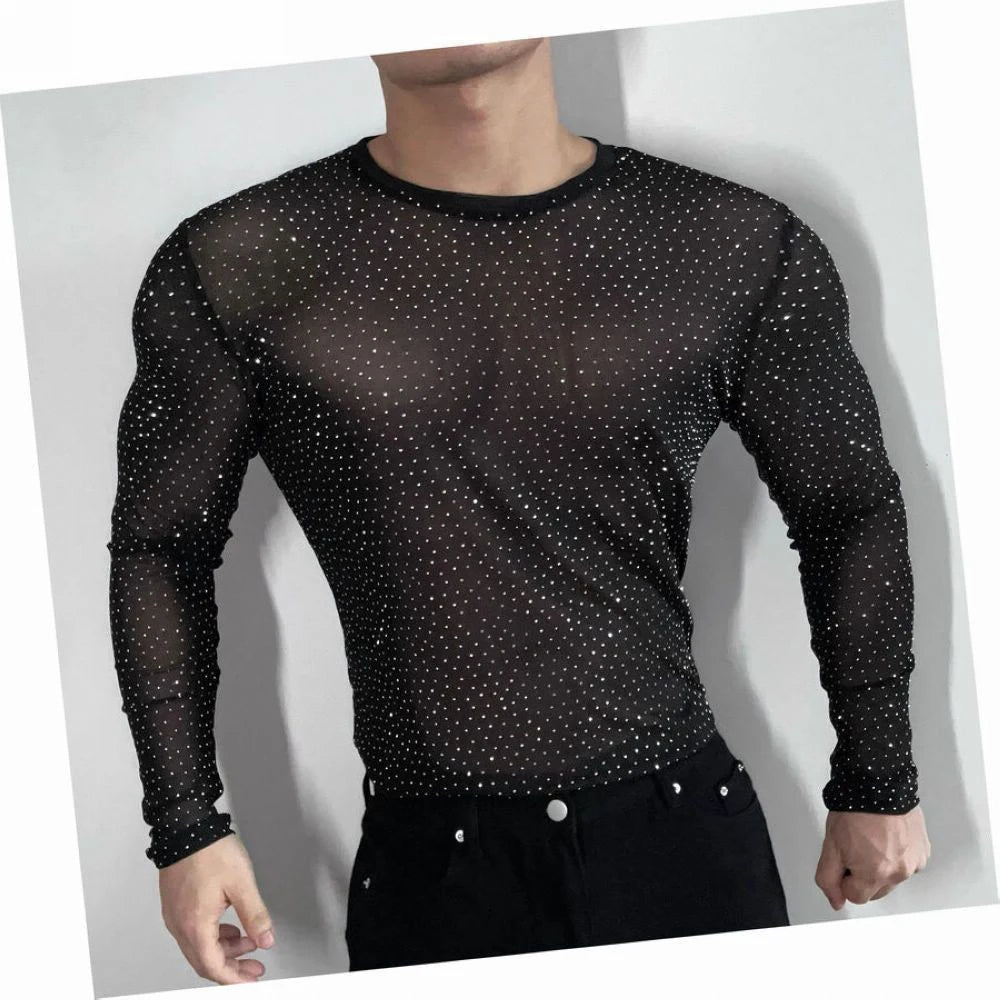 AIDASE  -  Men's Diamond Mesh Solid Color Long-Sleeved T-Shirt Sexy American Fashion Trend Casual Slim Breathable Niche Summer Men's Tops aidase-shop