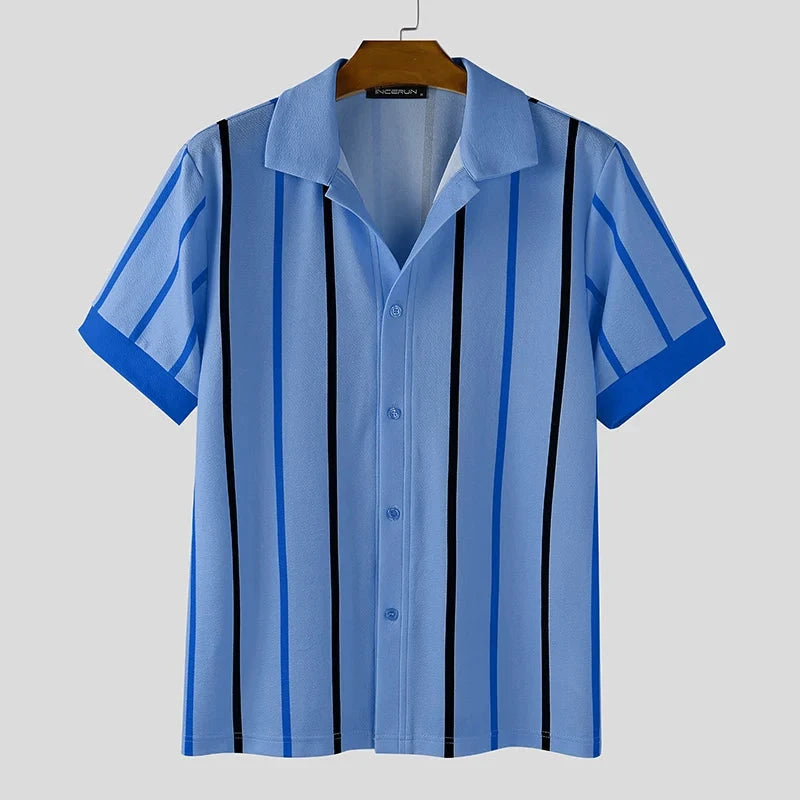 AIDASE  -  Men Striped Shirt Lapel Short Sleeve Summer Streetwear Men Clothing Loose 2025 Fashion Casual Male Shirts Tops S-5XL aidase-shop