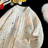 Aidase men's winter fashion Korean Knitted Pullover Street Clothing Splash-ink Sweater Graffiti Twist Sweater Trend Loose Knit Top Men Women Clothes