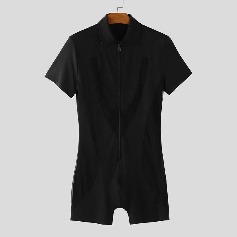 AIDASE  -  Men Bodysuits Mesh Patchwork Zipper Lapel Short Sleeve Male Rompers Playsuits Sexy See Through Fashion Bodysuit S-3XL aidase-shop