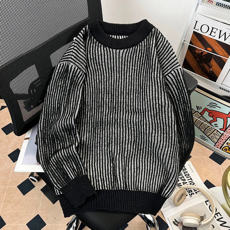 AIDASE  -  Autumn Winter Male Striped Sweater Round Neck Versatile Lazy Style Loose Drop Shoulder Men Knitted Pullover Tops 21E7594 aidase-shop