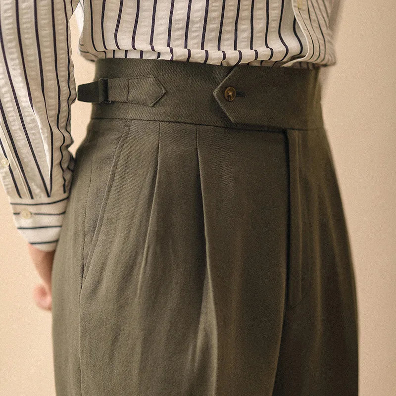 Aidase Linen Straight Pant For Men 2024 Summer Business Gentleman Naples Pant Paris Buckle Drape High Waisted Trousers Men Formal Pant aidase-shop