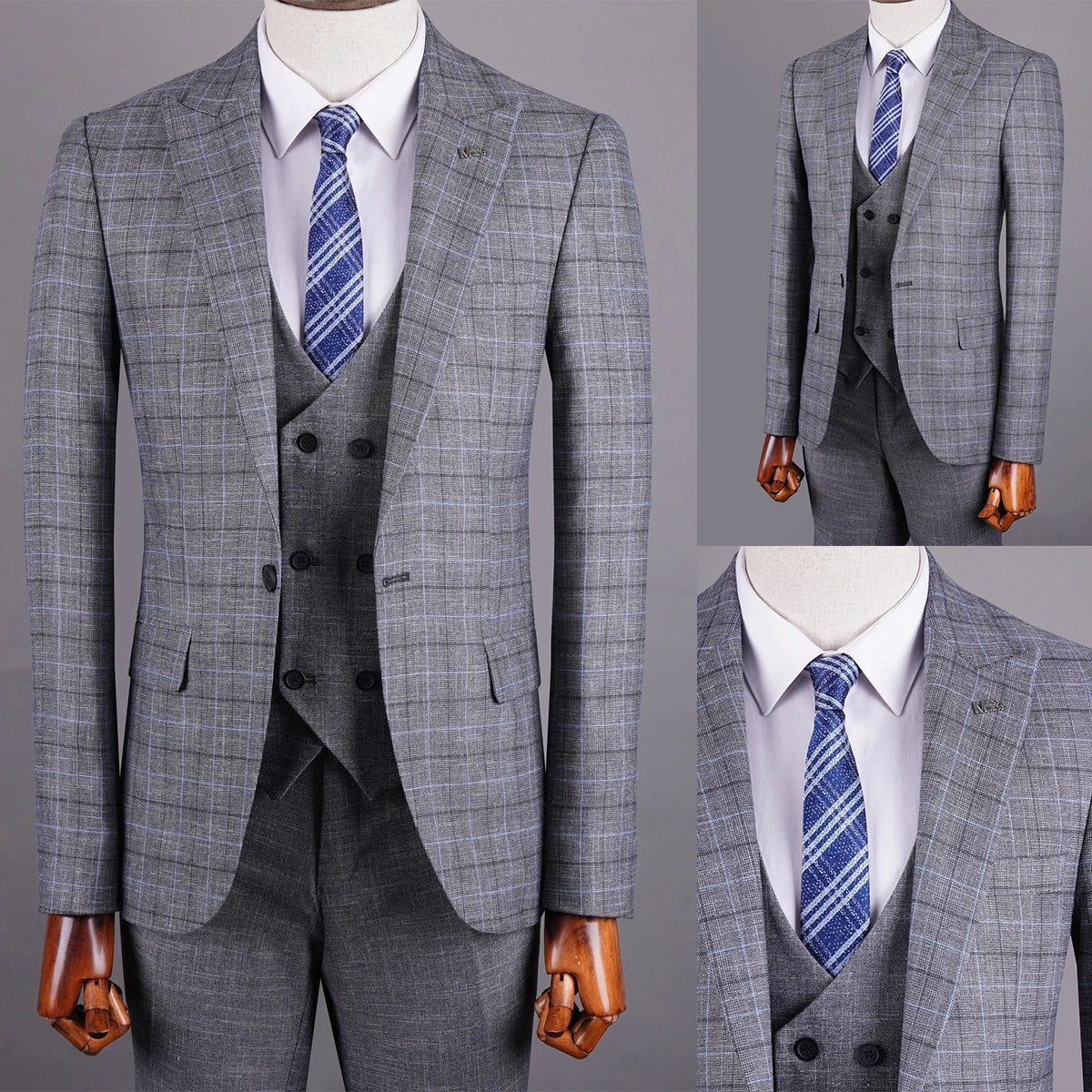 Aidase Gray Men's Suit 3 Pieces Blazer Vest Pants One Button Peaked Lapel Formal Plaid Stripes Wedding Groom Tailored Costume Homme aidase-shop
