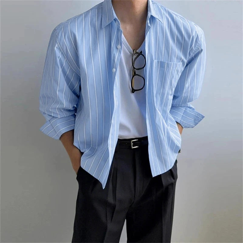 AIDASE  -  Men Striped Shirt Lapel Long Sleeve Button Autumn Casual Men Clothing Loose 2025 Streetwear Korean Style Fashion Shirts aidase-shop