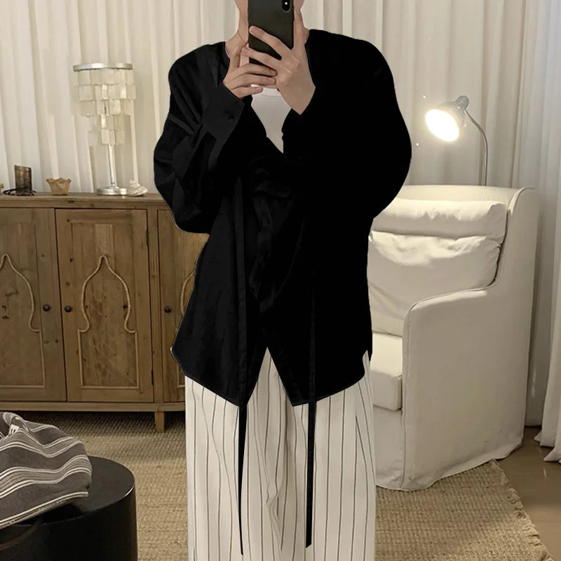 AIDASE  -  Men Shirt Solid Color V Neck Long Sleeve Loose Casual Male Tops Streetwear Korean Style Shirts 2025 Fashion Men Clothing aidase-shop