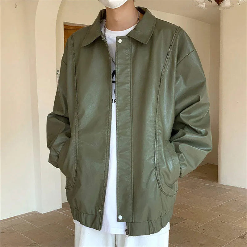 AIDASE  -  Spring Autumn Men's Motorcycles Leather Jacket Turn Down Collar Cargo PU Outwear Coat Male Solid Loose Fashion Moto Biker Jacket aidase-shop