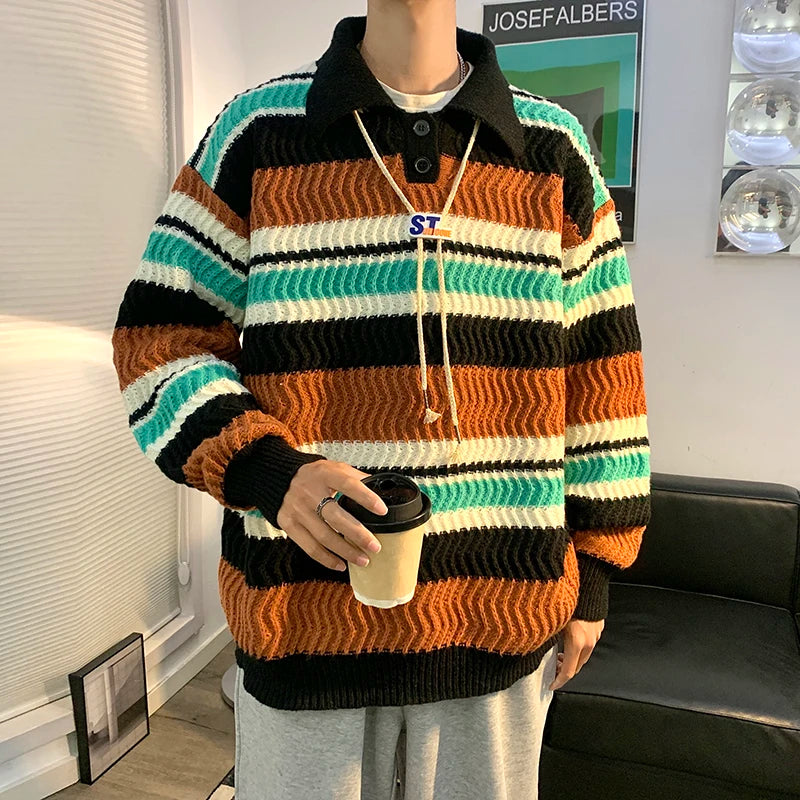 AIDASE  -  Rainbow Stripes  Ne Oversize Knitwear Men Lazy Sle Couple Sweater Autumn Winter New Arrival Casual Loose Fit Long Sve aidase-shop