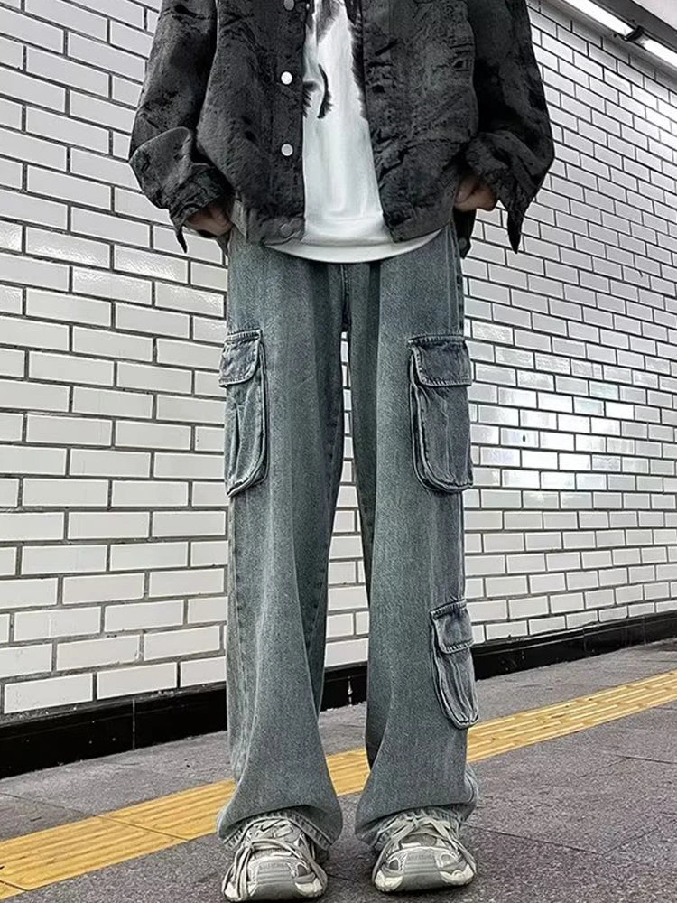Aidase Men Jeans Multi Pockets Daily Hip Hop Casual Chic Teenagers All-match Mopping Washed Trousers Comfortable Classic Korean Style aidase-shop