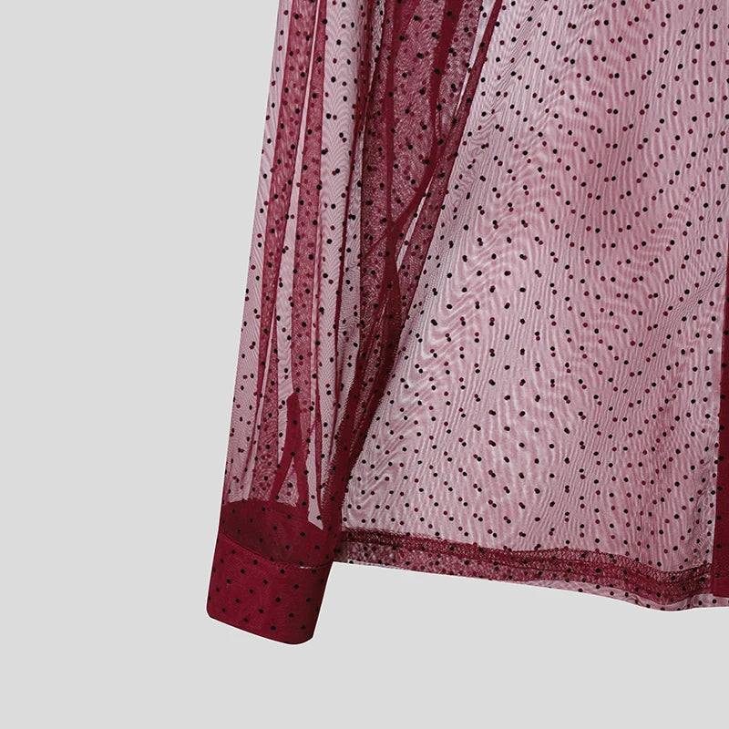 AIDASE  -  Men Shirt Polka Dot Printing Lapel Long Sleeve Button Men Clothing Mesh See Through Loose Fashion Male Shirts Streetwear aidase-shop