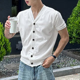 AIDASE  -  Men Shirt Solid Color Knitted V Neck Short Sleeve Korean Style Tops Summer Shirts Streetwear 2025 Casual Men Clothing