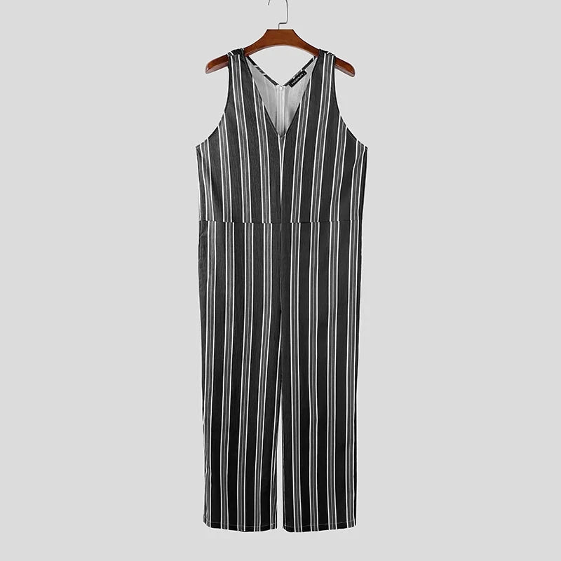 AIDASE  -  Men Jumpsuits Striped V Neck Sleeveless Casual Male Rompers Streetwear Loose Vacation Summer Fashion Male Overalls S-5XL aidase-shop