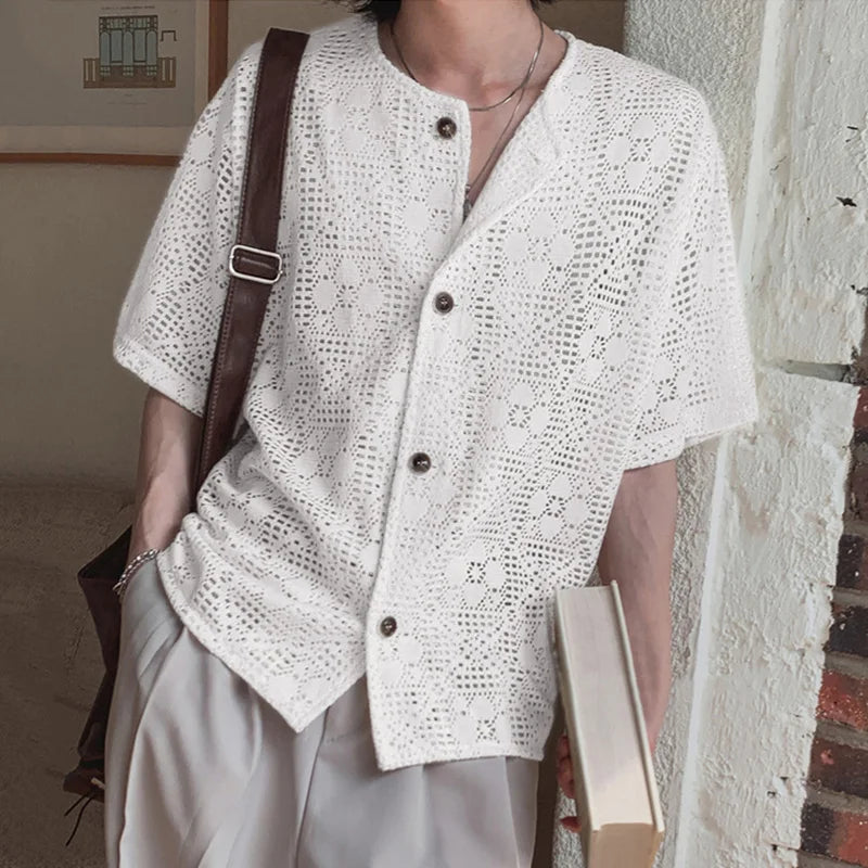 AIDASE  -  2025 Men Shirt Lace See Through Sexy O-neck Short Sleeve Button Male Tops Shirts Streetwear Sexy Men Clothing Summer aidase-shop