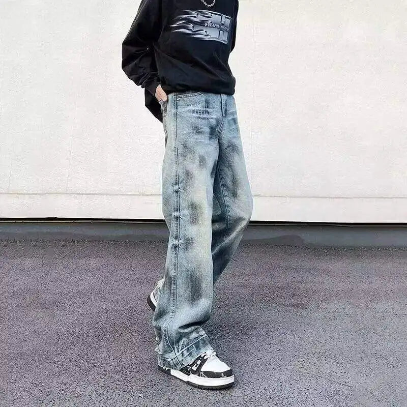 AIDASE  -  High Street Male Jeans Washed Niche Design Vintage Straight-leg Trendy Denim Trousers 2025 New Fashion Menswear 21E6678 aidase-shop