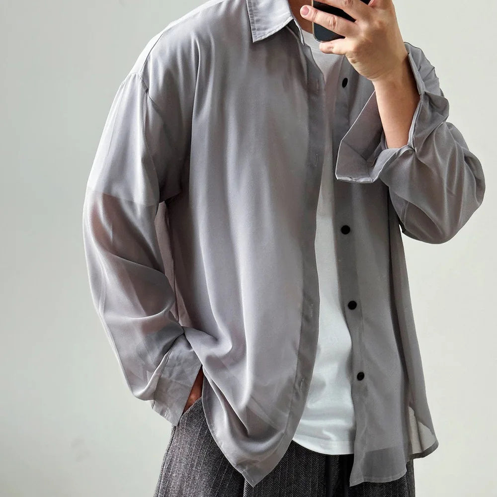 AIDASE  -  Summer New Men's Thin Solid Color Long-Sleeved Shirt Korean Casual Simple Leisure Fashion Trend Loose Breathable Men's Tops aidase-shop