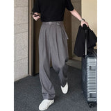 Aidase Men's Korean Streetwear Fashion Loose Vintage Waistband Casual Straight Suit Pants Commuting Long Trousers for Men