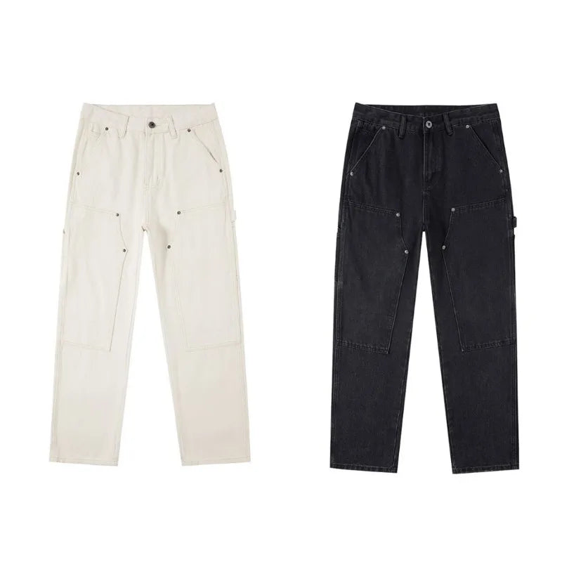AIDASE  -  White Workwear Thigh Patch Jeans Men's New Woodcutter Rivet Straight Denim Pants Spring Autumn American Retro Cotton Cargo Pants aidase-shop