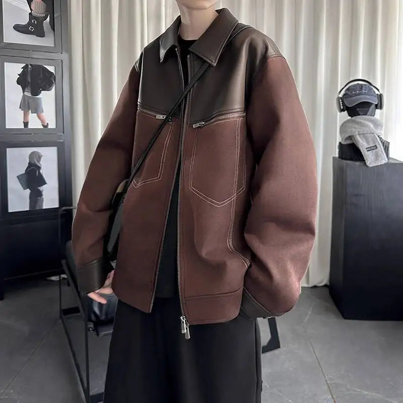 AIDASE  -  Trend Men's Jacket PU Leather Faux Suede Patchwork Design Contrast Color Casual Long Sleeve Lapel Male Coat Tide 21E7100 aidase-shop