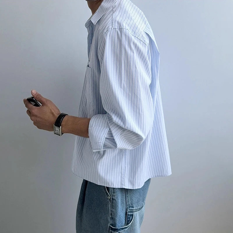 AIDASE  -  Men Striped Shirt Lapel Long Sleeve Button Casual Men Clothing Loose Streetwear 2025 Korean Style Fashion Male Shirts aidase-shop