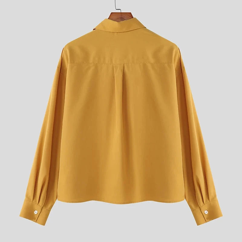 AIDASE  -  Men Casual Shirt Solid Color Lapel Long Sleeve Button Men Clothing Streetwear Loose 2025 Fashion Male Crop Tops Shirts aidase-shop
