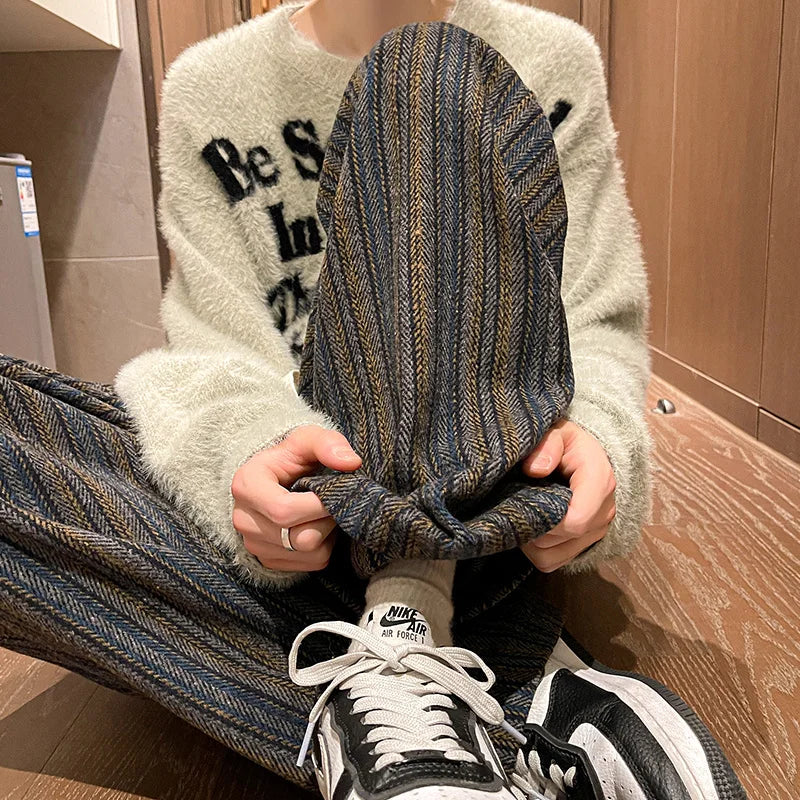 Aidase Wool Men's Pants Autumn and Winter Thickened High Waisted Small Leg Pants Casual Business Striped Contrast Wool Pants Warm aidase-shop