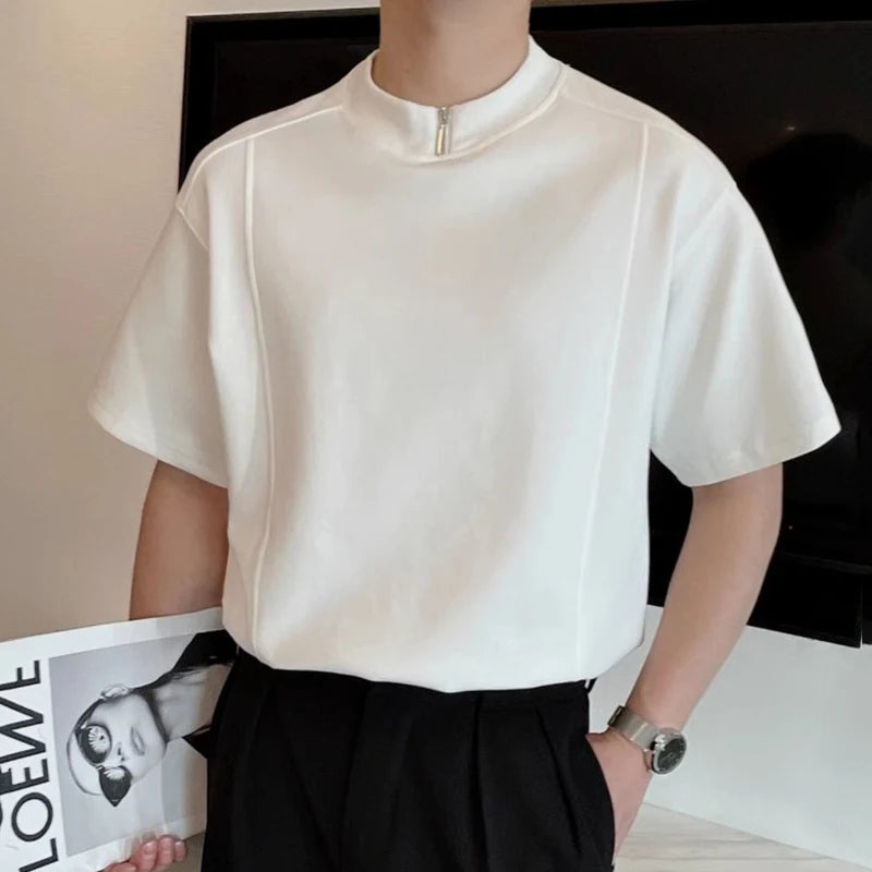 AIDASE  -  Men's Short Sleeve T-shirt Summer New Half Zipper Round Neck Casual Solid Color Men Tees Fashion Handsome Male Tops 21E6997 aidase-shop