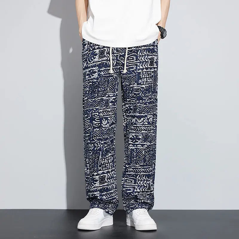 Aidase Korean Fashion Men Clothing Loose Straight Pants Summer Streetwear Casual Print Elastic Waist Drawstring Versatile Thin Trousers aidase-shop