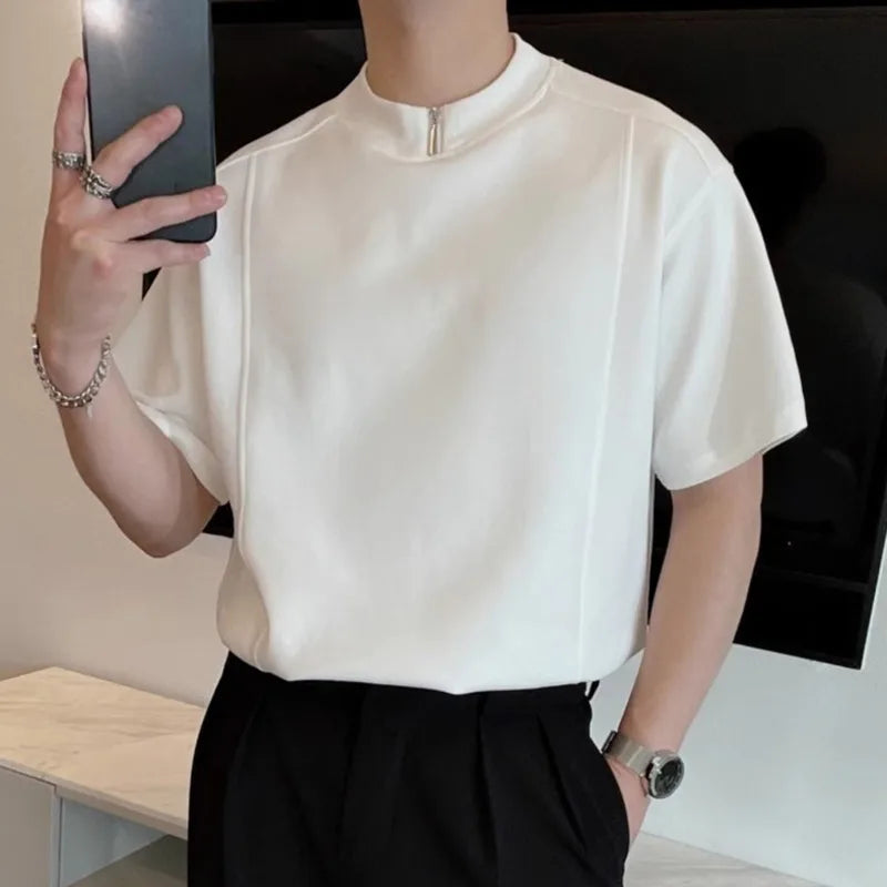 AIDASE  -  Men's Short Sleeve T-shirt Summer New Half Zipper Round Neck Casual Solid Color Men Tees Fashion Handsome Male Tops 21E6997 aidase-shop