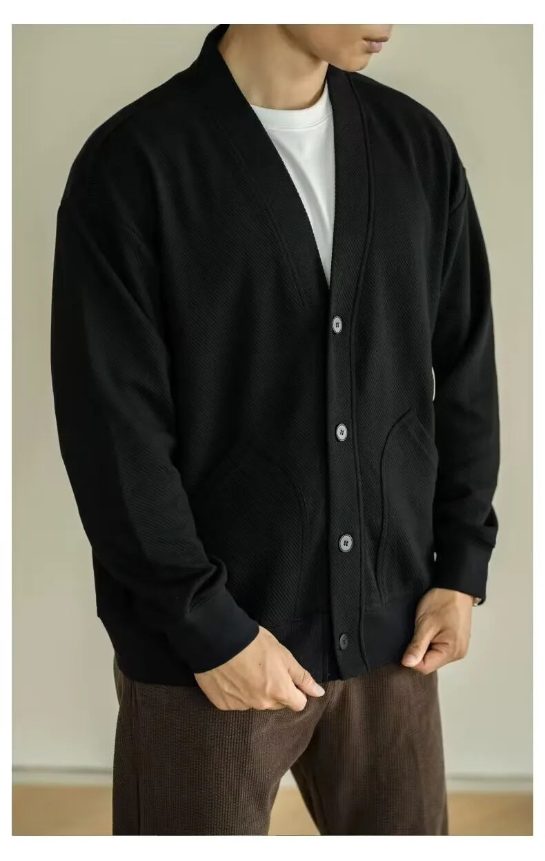 AIDASE  -  European Large V-neck Work Jacket Men's Twill Texture Elastic Long-sleeved Sweatshirt Cardigan Casual Commuting aidase-shop