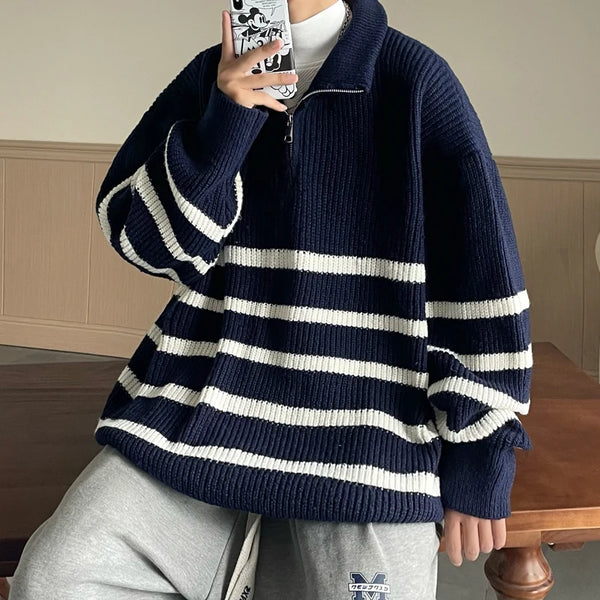 Women Vintage Striped Sweater Y2K Crew Neck Long Sleeve