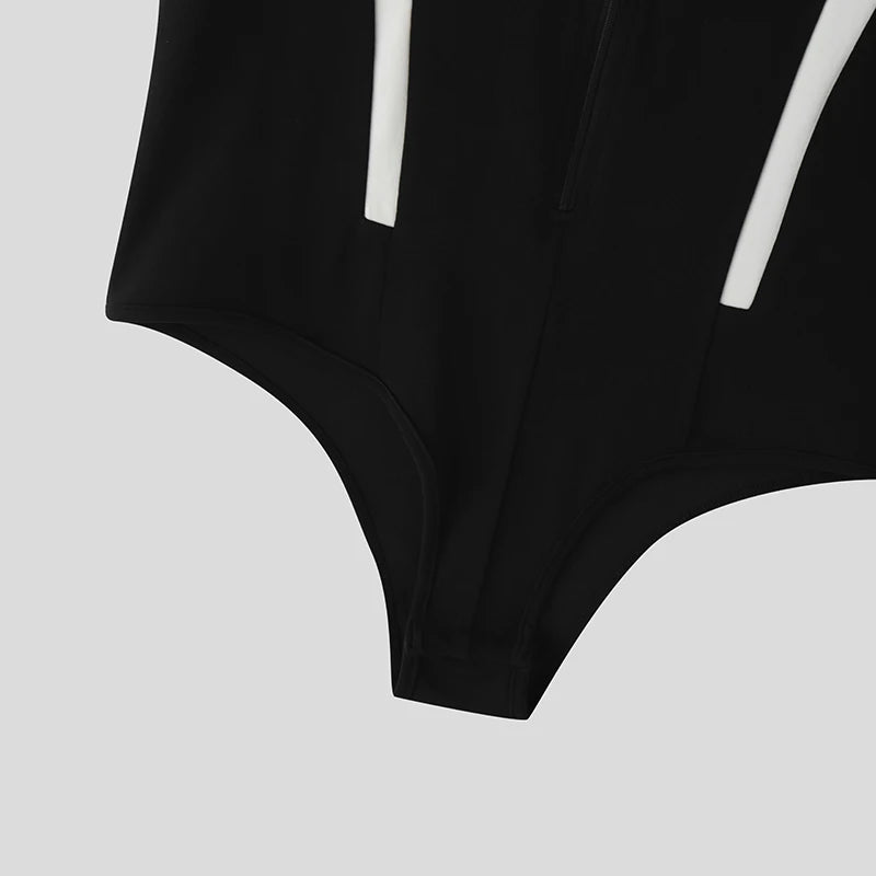 AIDASE  -  Men Bodysuits Patchwork O-neck Short Sleeve Zipper Casual Male Rompers Sexy Summer Skinny 2025 Fashion Bodysuit S-3XL aidase-shop