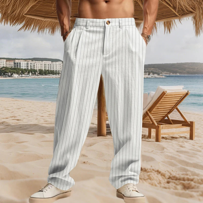 AIDASE  -  Vintage Loose Straight Linen Pants Men Daily Casual Linen Breathable Trousers 2025 Spring Summer Stylish Mens Striped Trousers aidase-shop