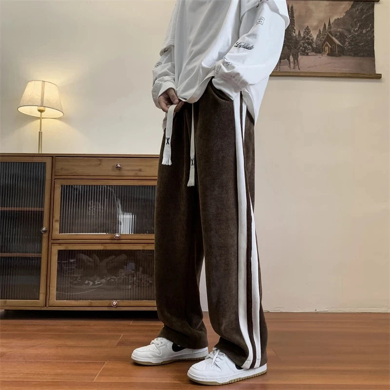 Aidase Loose Coffee Corduroy Pants Men Women Drawstring Striped Wide Leg Pants Autumn Casual Easy Care Anti-wrinkle Mopping Trousers aidase-shop