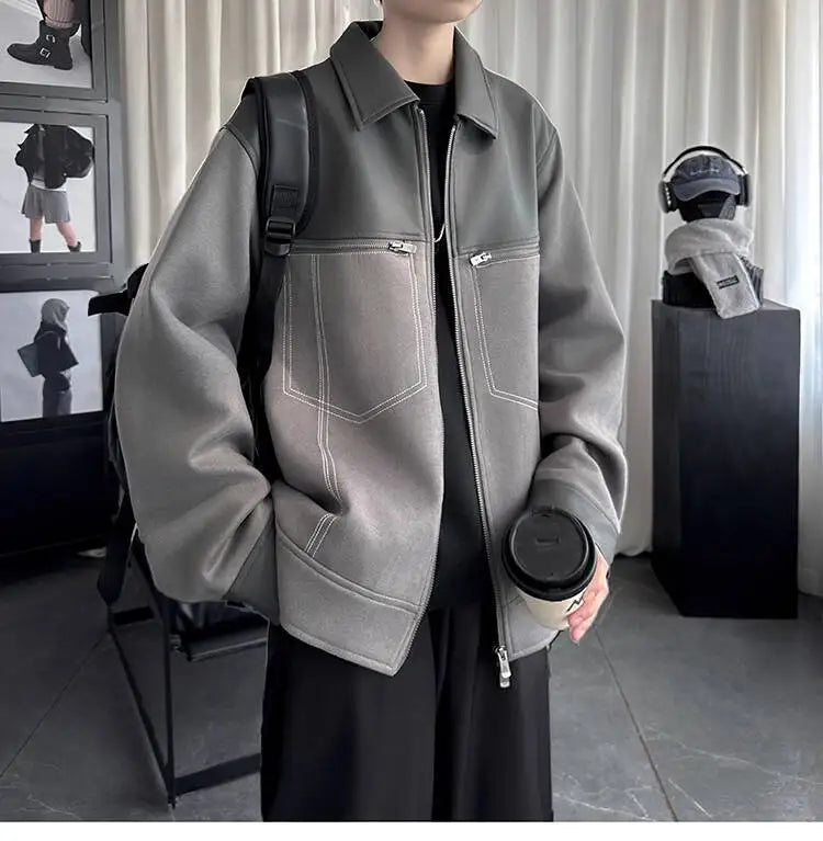 AIDASE  -  Trend Men's Jacket PU Leather Faux Suede Patchwork Design Contrast Color Casual Long Sleeve Lapel Male Coat Tide 21E7100 aidase-shop