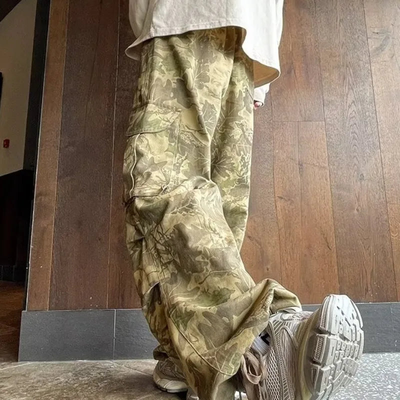 Aidase Pants Men Wide Leg Trousers European Style Drawstring Handsome Pockets Casual Streetwear Loose Camouflage All-match New College aidase-shop