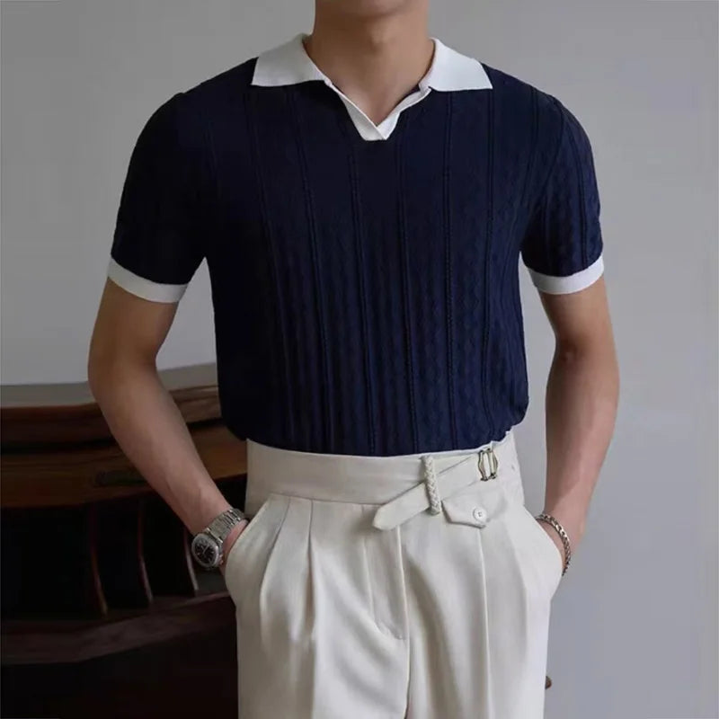 AIDASE  -  Knitting Short Sleeve Turn-down Collar Polos Men Summer New Casual Breathable Knit Polo Shirt Classic Mens Patchwork Polo Shirts aidase-shop