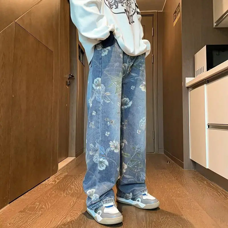 Aidase Man Cowboy Pants Wide Leg Trousers Straight Men's Jeans with Print Designer  Fashion Casual Washed Korean Plus Size Cotton aidase-shop
