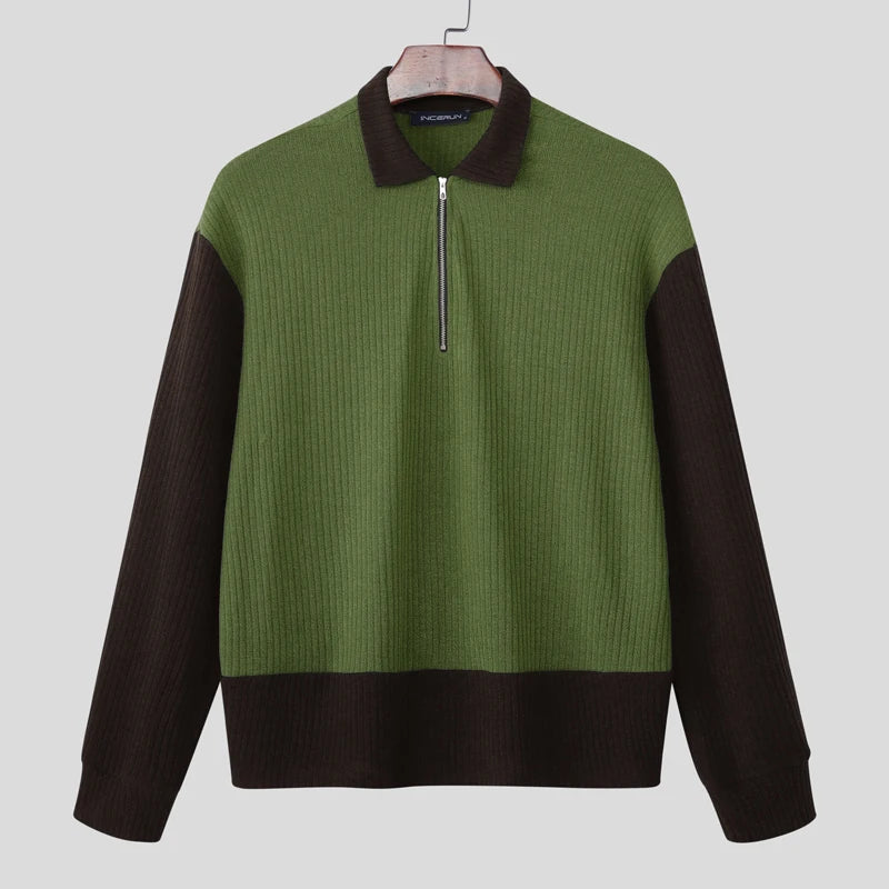 AIDASE  -  Men Sweaters Patchwork Knitted Lapel Long Sleeve Zipper Male Pullovers Streetwear 2025 Autumn Casual Men Clothing S-5XL aidase-shop