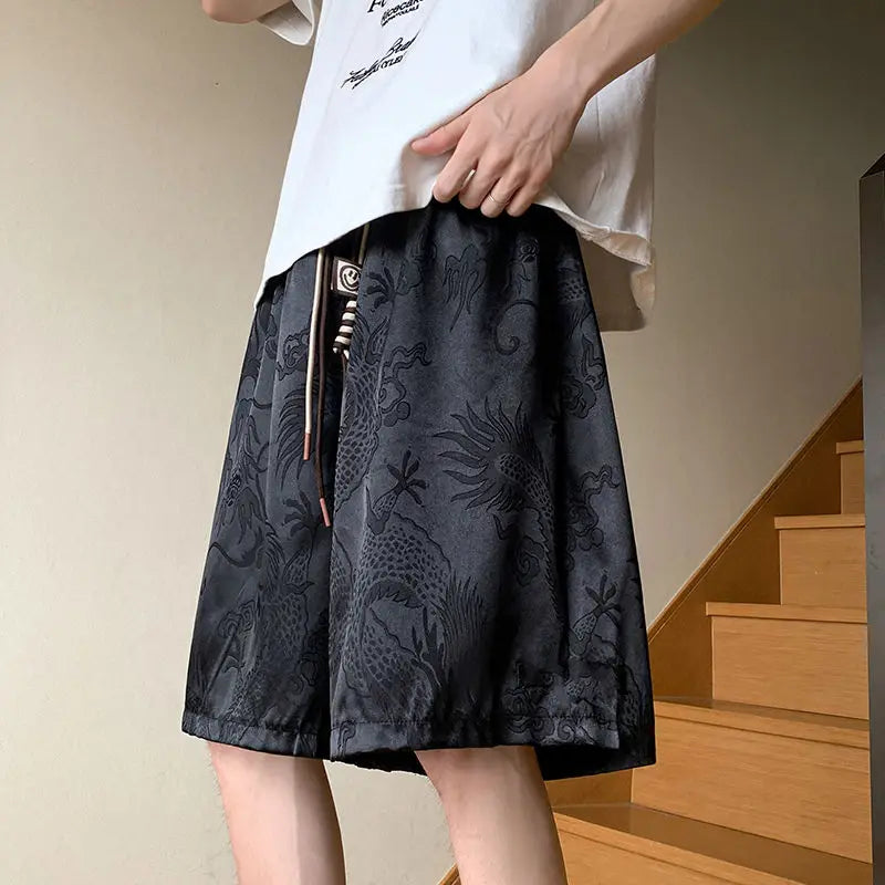 AIDASE  -  Chinese Style Dragon Pattern Ice Silk Jacquard Shorts Men's Summer Loose High-end Sports Trendy Casual Five-point Pants aidase-shop