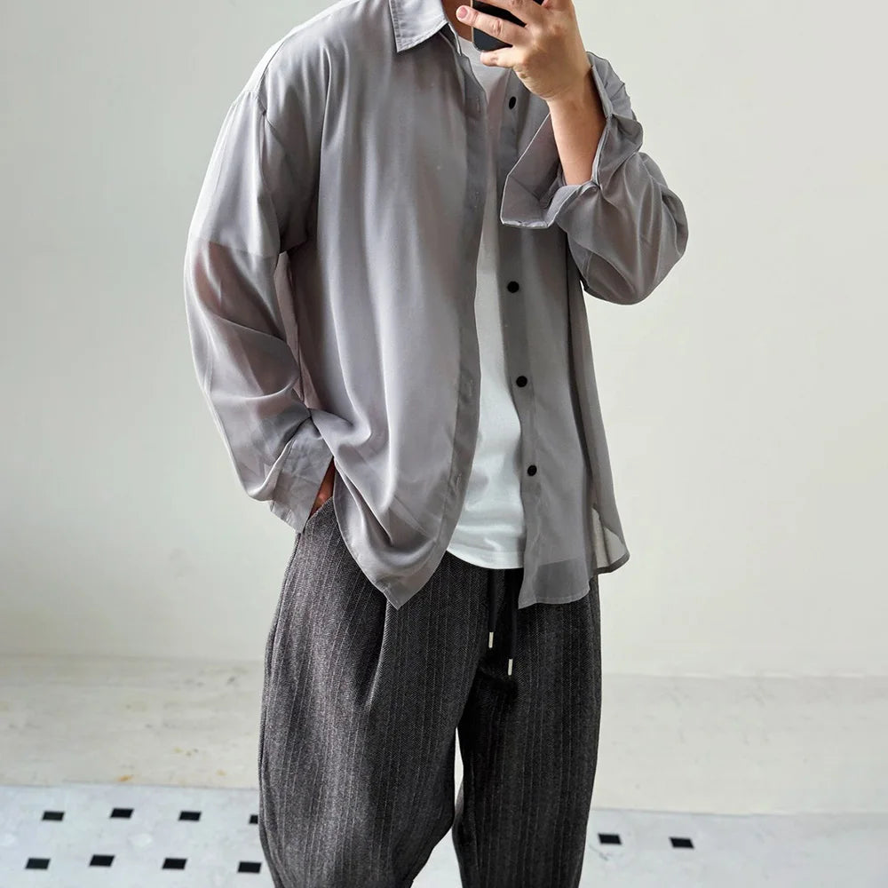 AIDASE  -  Summer New Men's Thin Solid Color Long-Sleeved Shirt Korean Casual Simple Leisure Fashion Trend Loose Breathable Men's Tops aidase-shop